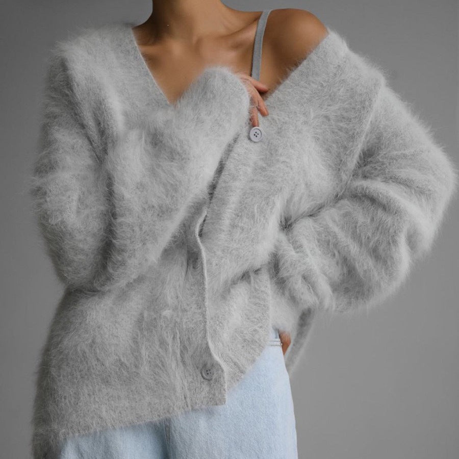Cross-Border Imitation Mink Knitted Sweater Cardigan European and American Style 2026 Autumn and Winter Lazy Loose Long-Sleeved V-Neck Solid Color Coat for Women
