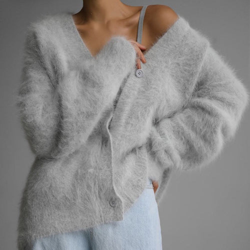 Cross-Border Imitation Mink Knitted Sweater Cardigan European and American Style 2026 Autumn and Winter Lazy Loose Long-Sleeved V-Neck Solid Color Coat for Women