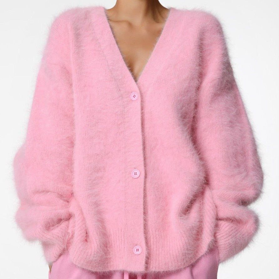 Cross-Border Imitation Mink Knitted Sweater Cardigan European and American Style 2026 Autumn and Winter Lazy Loose Long-Sleeved V-Neck Solid Color Coat for Women