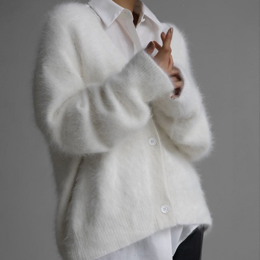 Cross-Border Imitation Mink Knitted Sweater Cardigan European and American Style 2026 Autumn and Winter Lazy Loose Long-Sleeved V-Neck Solid Color Coat for Women