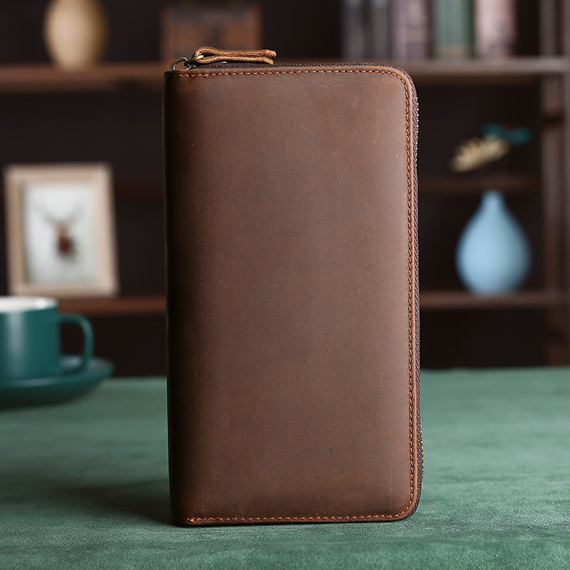 Douyin's Popular Upgraded Large-Capacity Genuine Leather Men's Clutch Crazy Horse Leather Cigarette Mobile Phone All-In-One Clutch Wallet