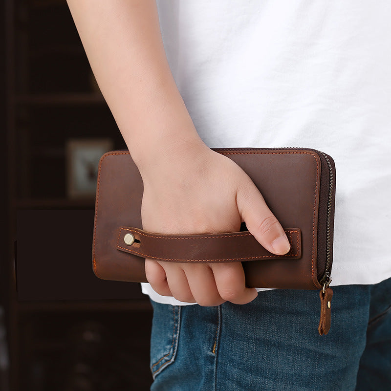 Douyin's Popular Upgraded Large-Capacity Genuine Leather Men's Clutch Crazy Horse Leather Cigarette Mobile Phone All-In-One Clutch Wallet