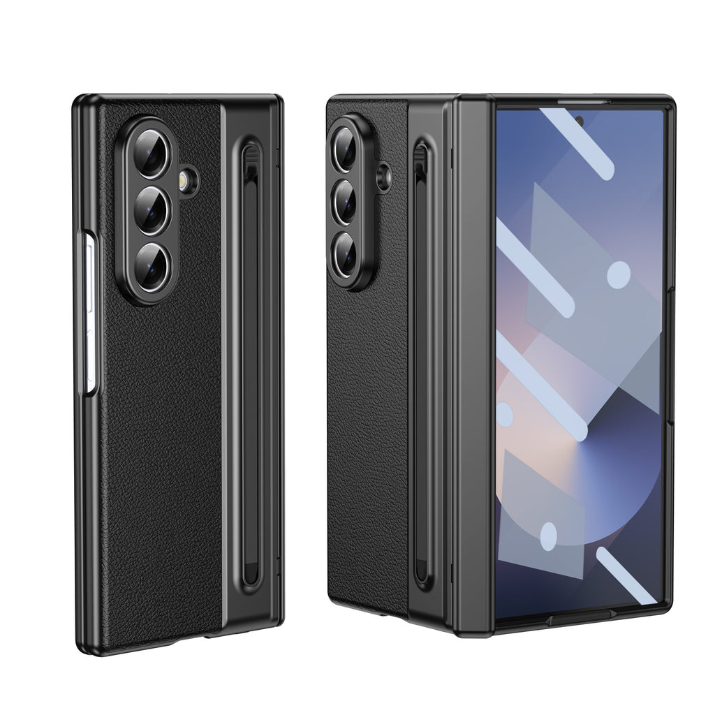 Suitable for Samsung Z Fold8 Ultra Gold Armor Pen Slot Folding Phone Case Plain Leather Shockproof 7/6 Case Film Protective Cover