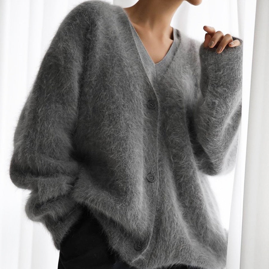 Cross-Border Imitation Mink Knitted Sweater Cardigan European and American Style 2026 Autumn and Winter Lazy Loose Long-Sleeved V-Neck Solid Color Coat for Women