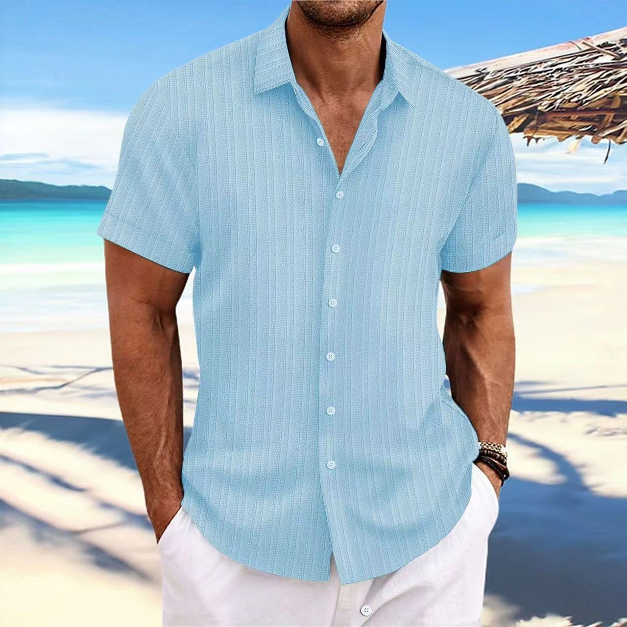 Cross-border Explosions Amazon AliExpress New Men's Cotton and Linen Striped Jacquard Casual Loose Short-sleeved Shirt