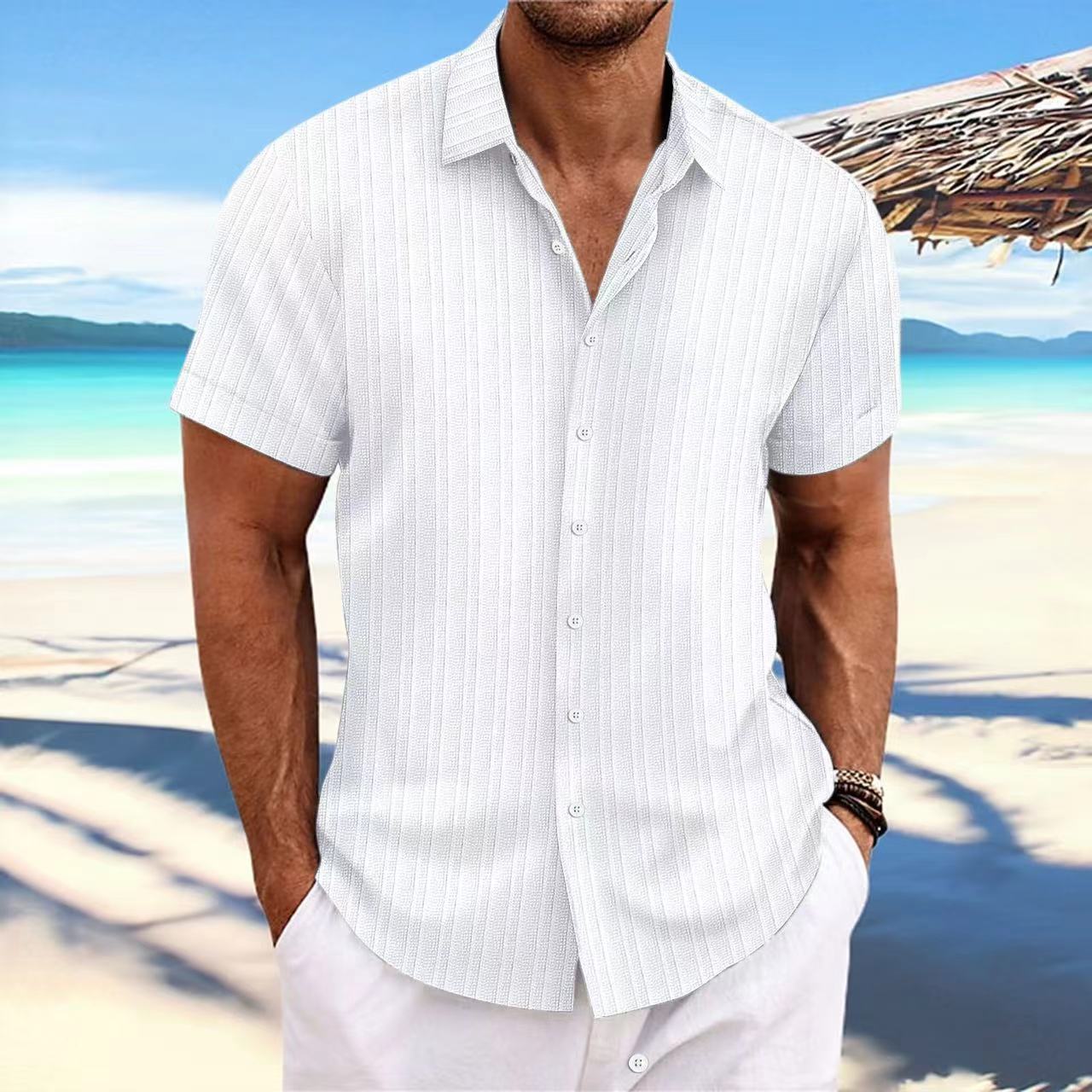 Cross-border Explosions Amazon AliExpress New Men's Cotton and Linen Striped Jacquard Casual Loose Short-sleeved Shirt
