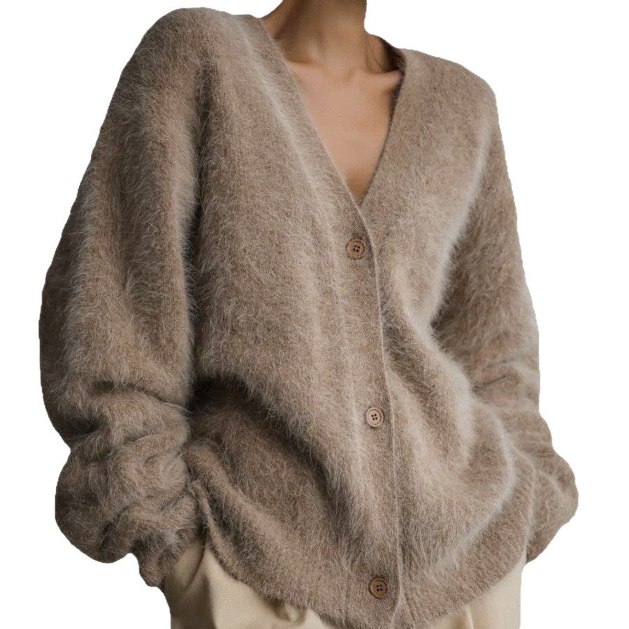 Cross-Border Imitation Mink Knitted Sweater Cardigan European and American Style 2026 Autumn and Winter Lazy Loose Long-Sleeved V-Neck Solid Color Coat for Women