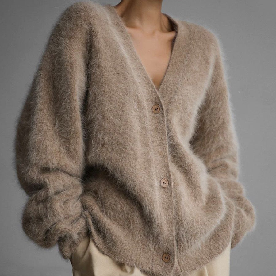 Cross-Border Imitation Mink Knitted Sweater Cardigan European and American Style 2026 Autumn and Winter Lazy Loose Long-Sleeved V-Neck Solid Color Coat for Women